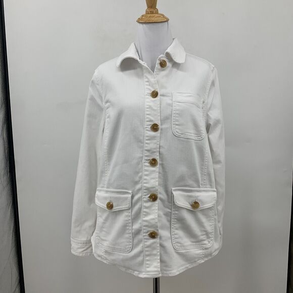 Talbots Button Up Denim Shirt Jacket Womens Petite S Small White Flap Pocket - Picture 2 of 11